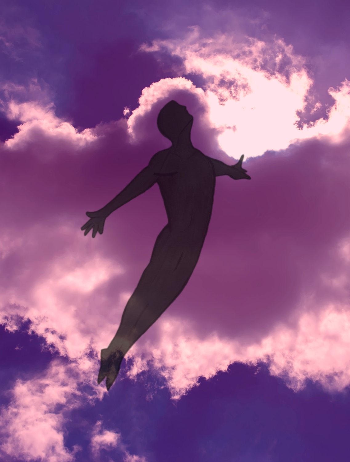 a psychedelic experience in the clouds, floating or flying